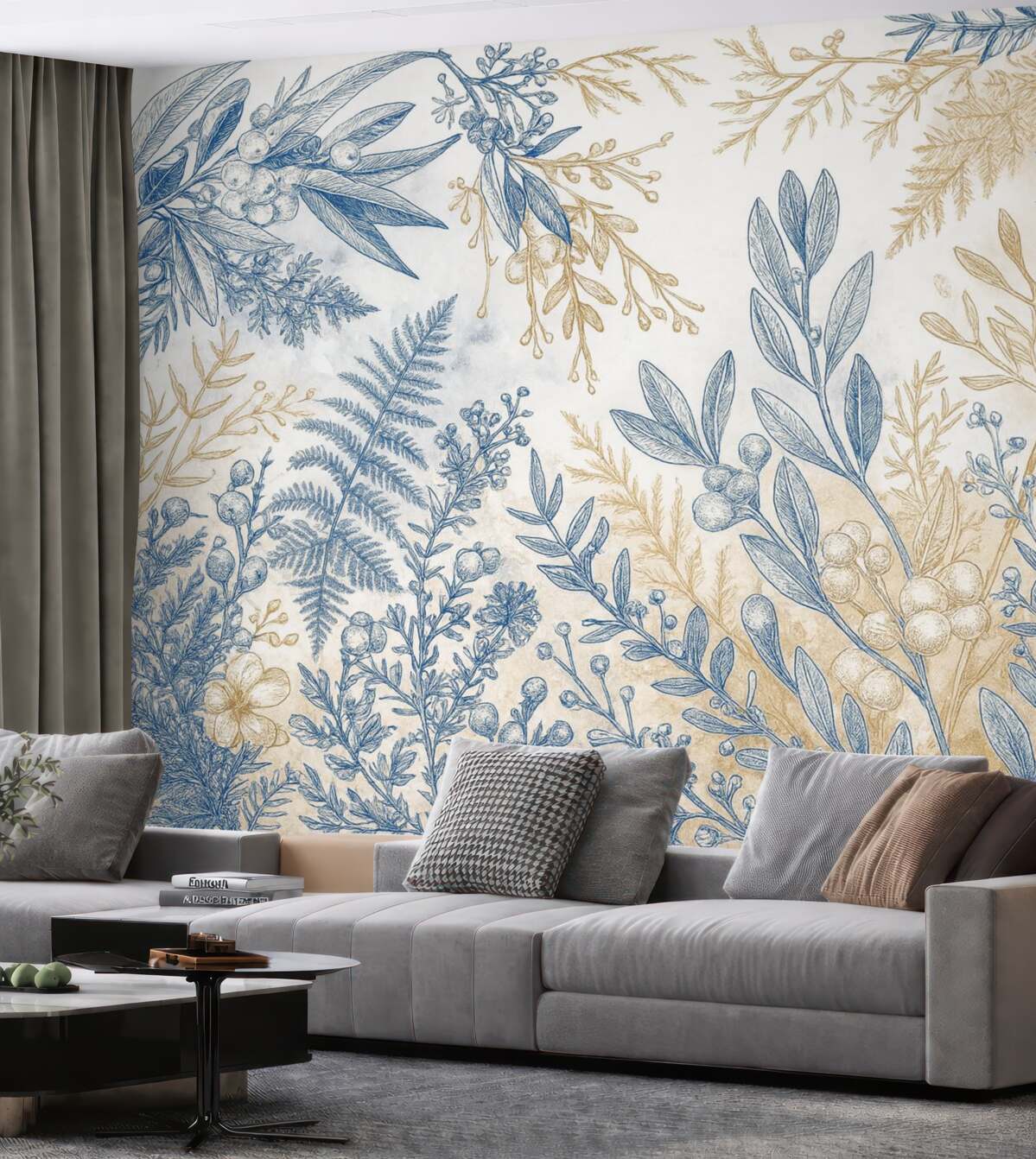 Fototapeta Kwiatowy wzór z niebieskimi i żółtymi motywami roślinnymi na jasnym, delikatnym tle z akwarelowymi efektami.