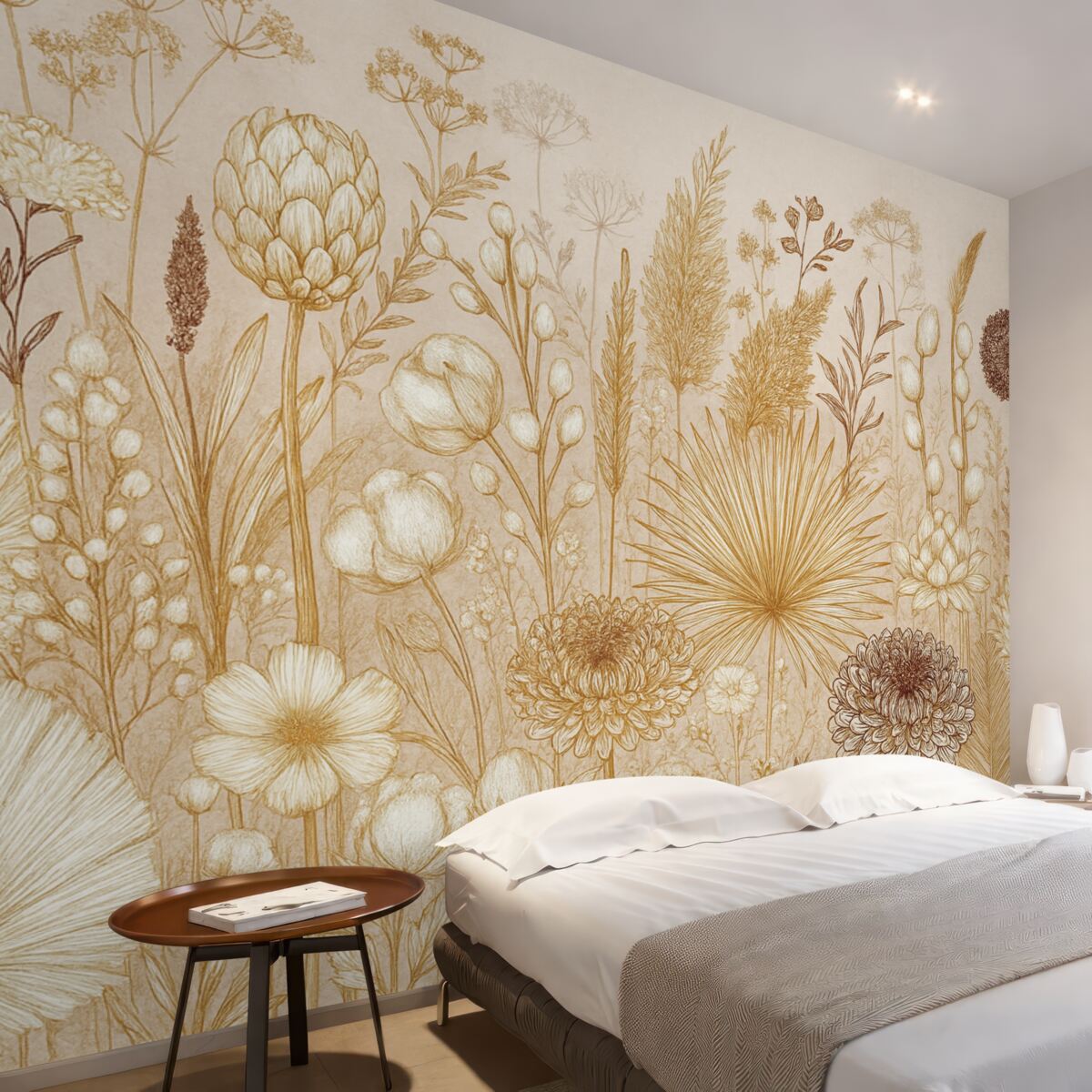 Fototapeta Kwiaty oraz rośliny w ciepłych tonacjach beżu w stylu botanicznym, ukazujące różnorodne formy i faktury.