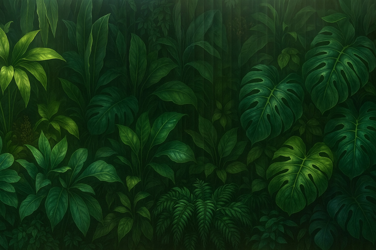 Fototapeta Tropikalny mroczny, rozmyty i wzorzysty nadruk z przeróżnymi zielonymi liśćmi, w tym liśćmi monstery oraz palmy.