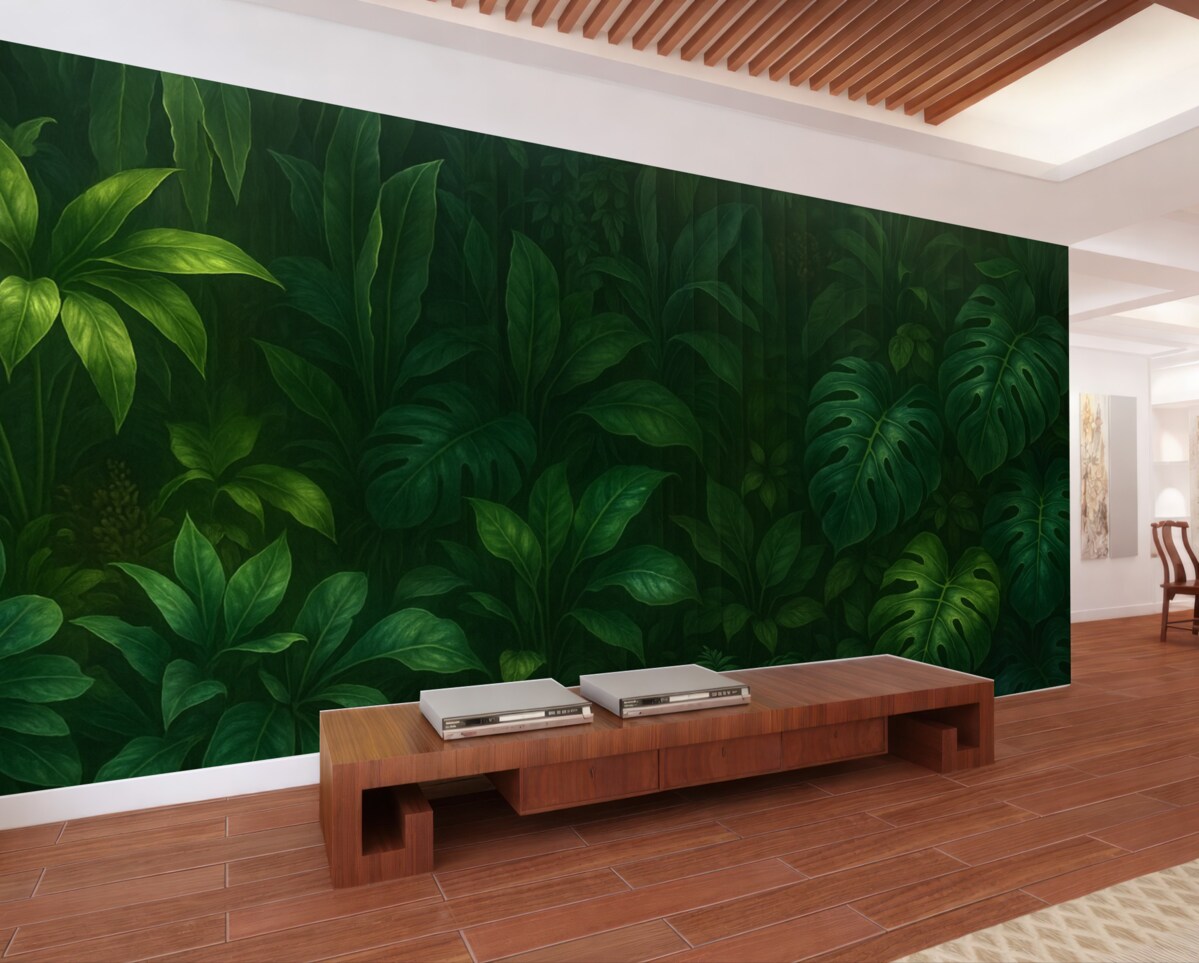 Fototapeta Tropikalny mroczny, rozmyty i wzorzysty nadruk z przeróżnymi zielonymi liśćmi, w tym liśćmi monstery oraz palmy.