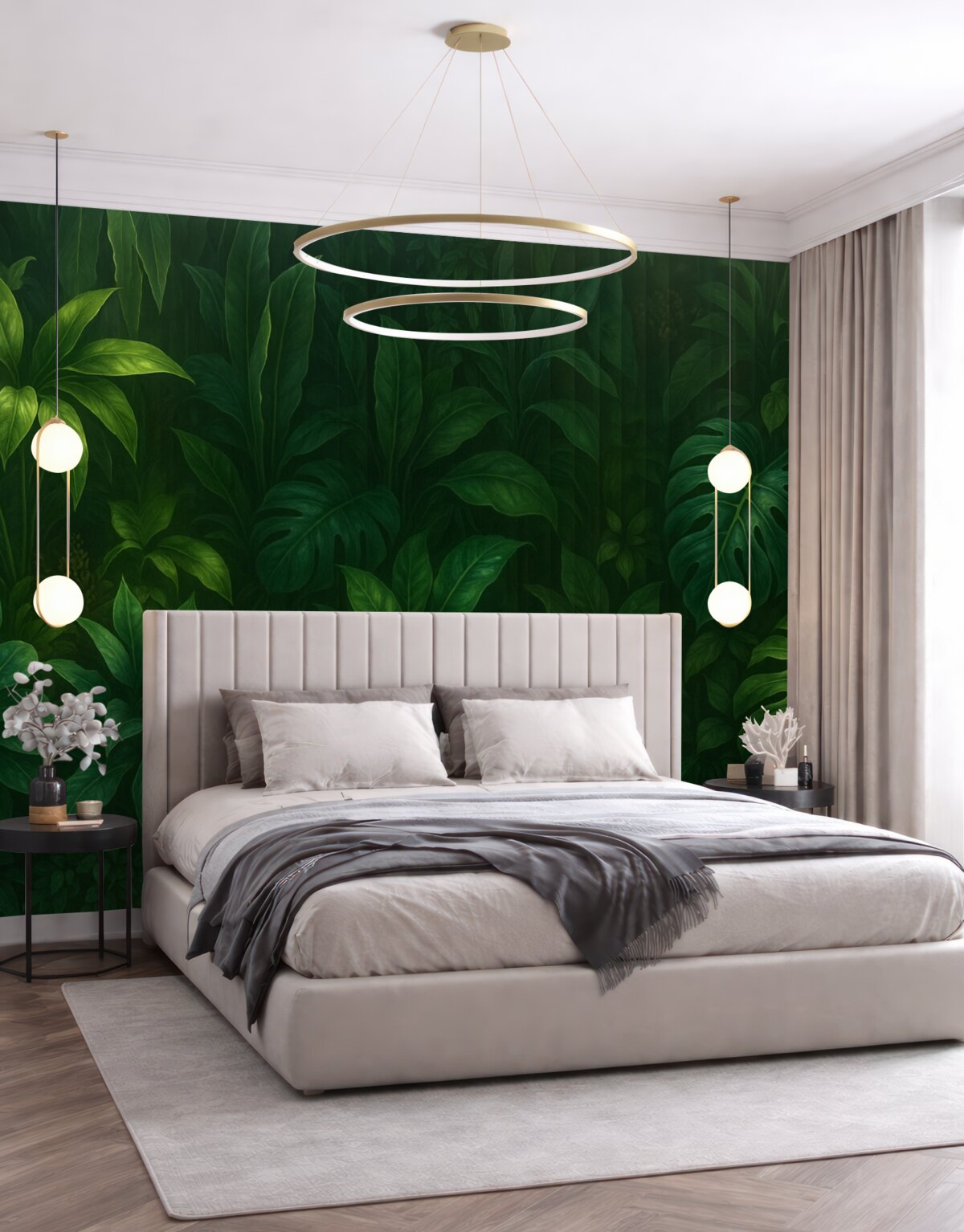 Fototapeta Tropikalny mroczny, rozmyty i wzorzysty nadruk z przeróżnymi zielonymi liśćmi, w tym liśćmi monstery oraz palmy.