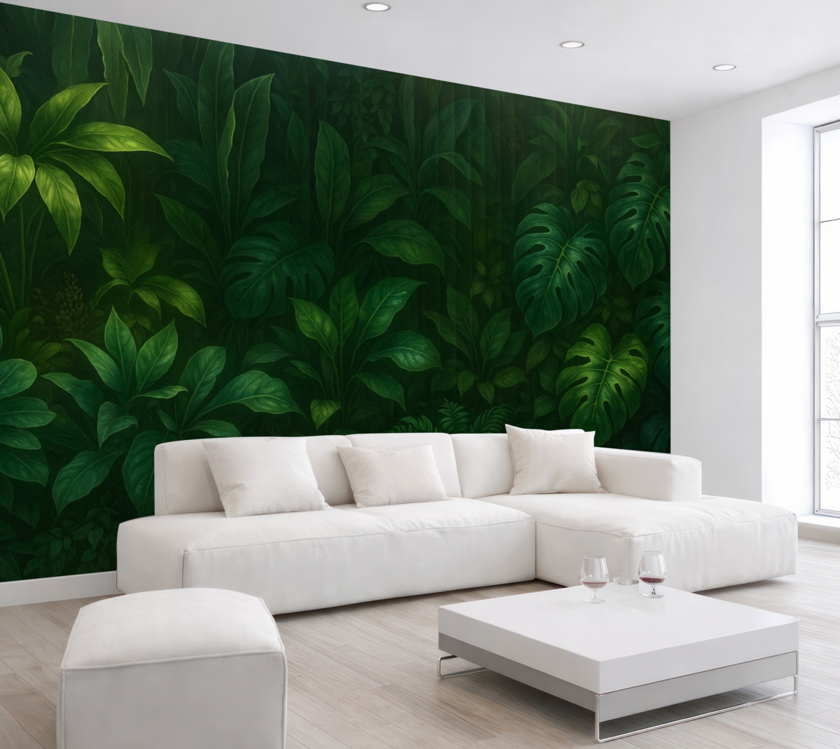 Fototapeta Tropikalny mroczny, rozmyty i wzorzysty nadruk z przeróżnymi zielonymi liśćmi, w tym liśćmi monstery oraz palmy.