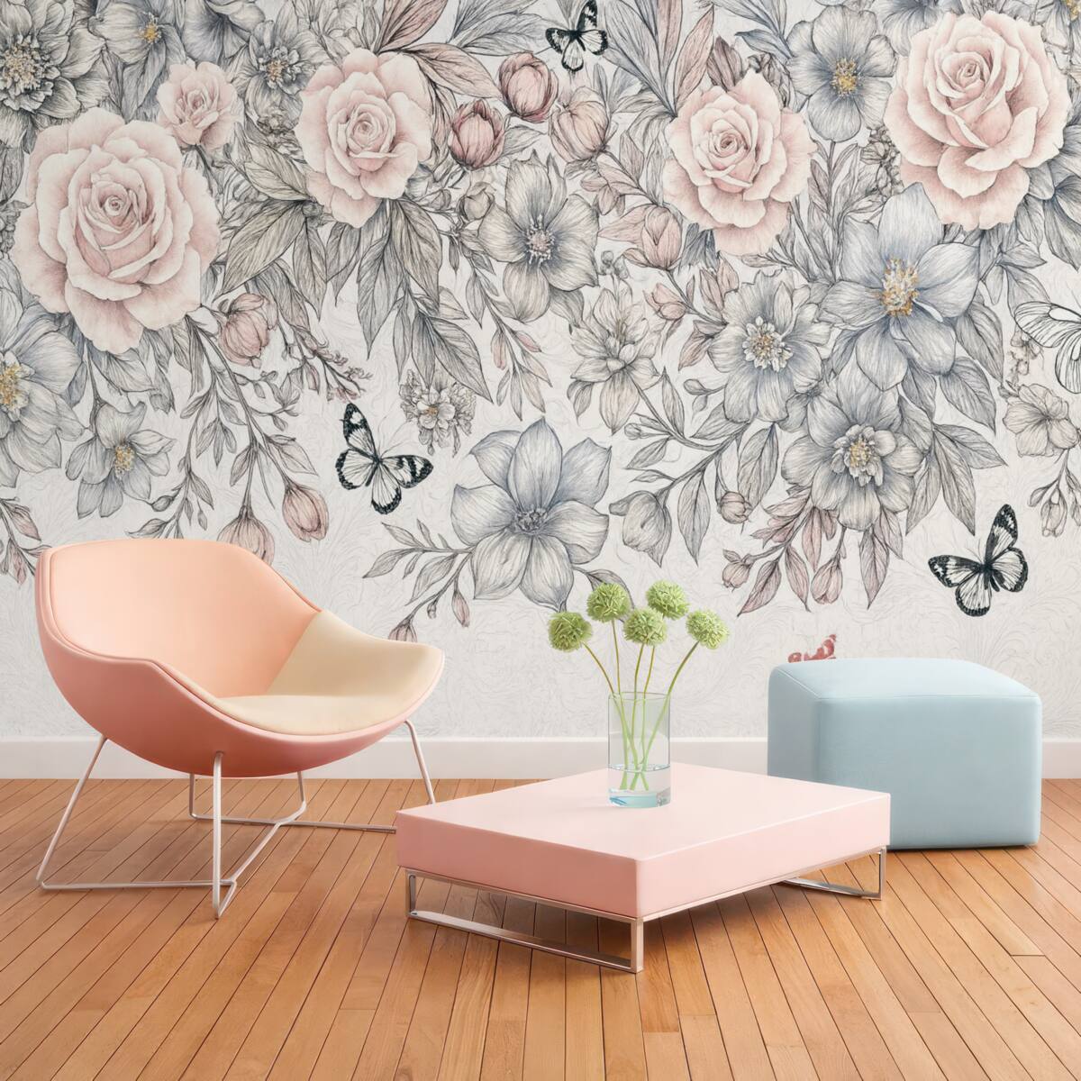 Fototapeta Kwiatowy rysunek z różowymi różami oraz innymi kwiatami i motylami, stworzony misterną kreską na fakturowanym tle.