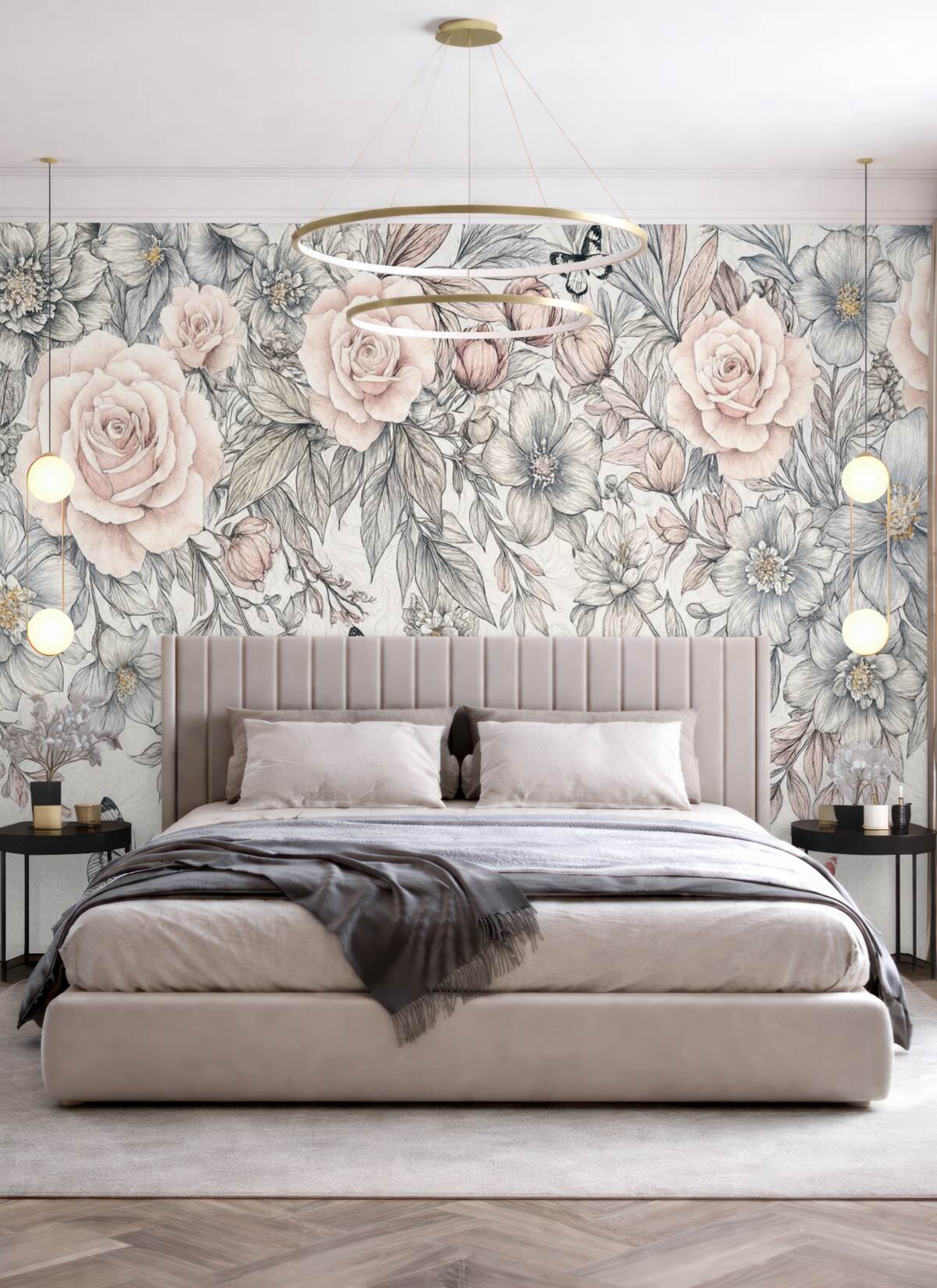 Fototapeta Kwiatowy rysunek z różowymi różami oraz innymi kwiatami i motylami, stworzony misterną kreską na fakturowanym tle.