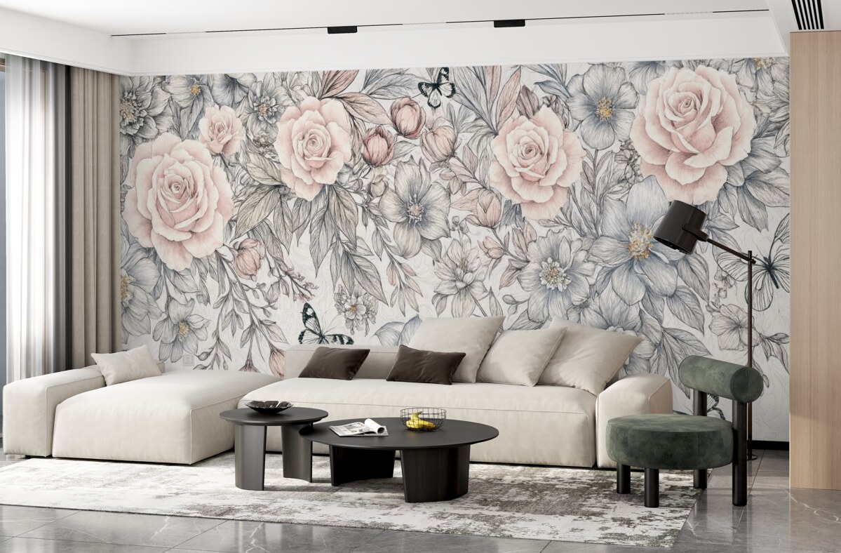 Fototapeta Kwiatowy rysunek z różowymi różami oraz innymi kwiatami i motylami, stworzony misterną kreską na fakturowanym tle.