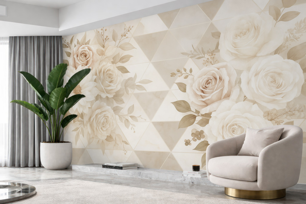 Fototapeta Róże i piwonie w bukietach na wzorzystym tle w jasnych tonach beżu.