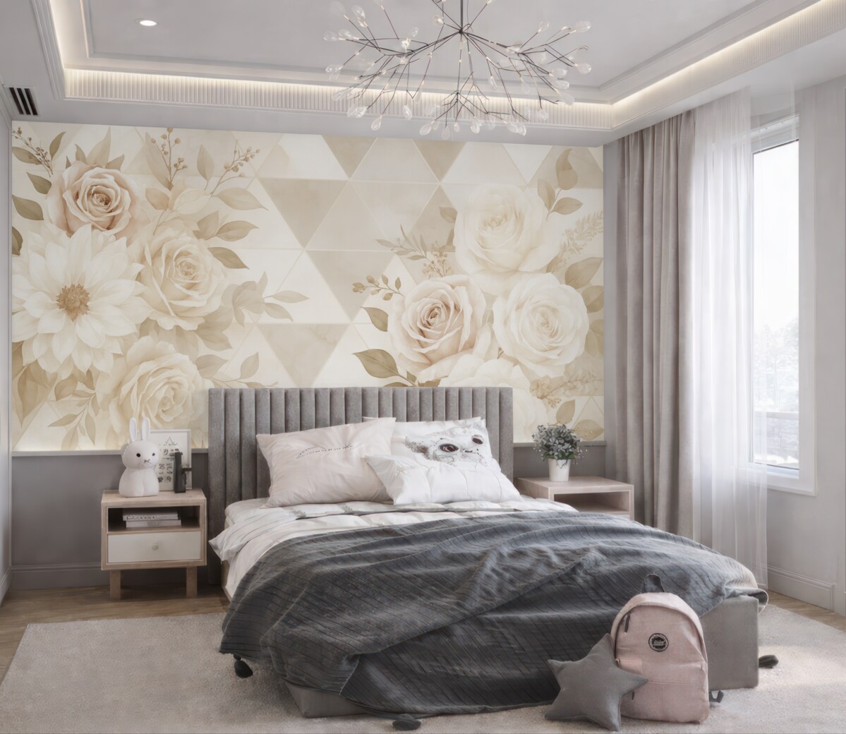 Fototapeta Róże i piwonie w bukietach na wzorzystym tle w jasnych tonach beżu.