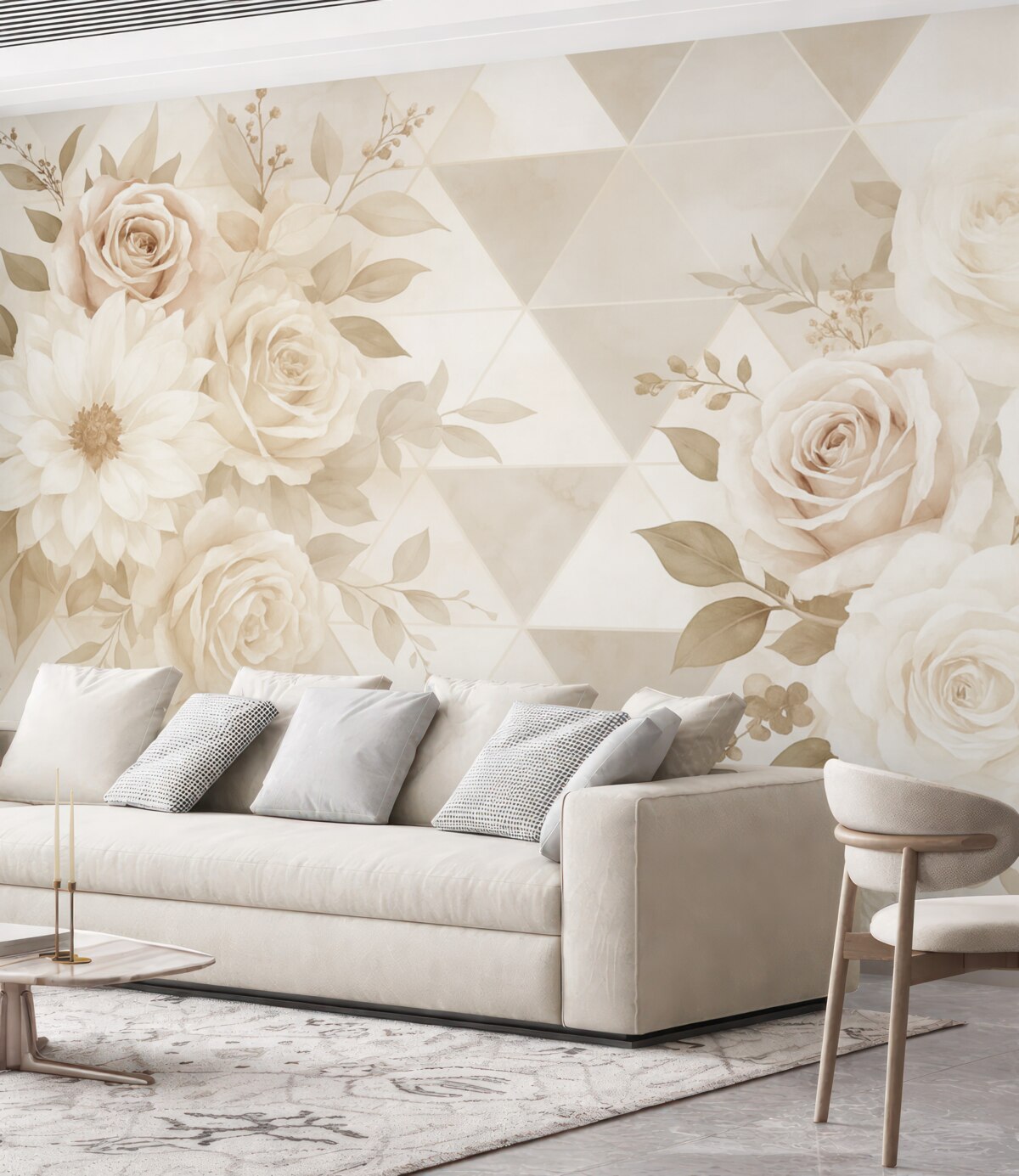 Fototapeta Róże i piwonie w bukietach na wzorzystym tle w jasnych tonach beżu.