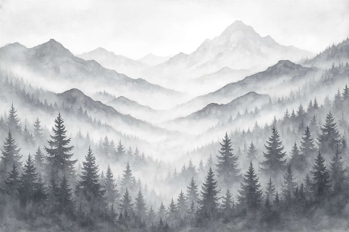 Fototapeta Cichy górski pejzaż z zamglonymi lasami w subtelnych tonach szarości i błękitu.
