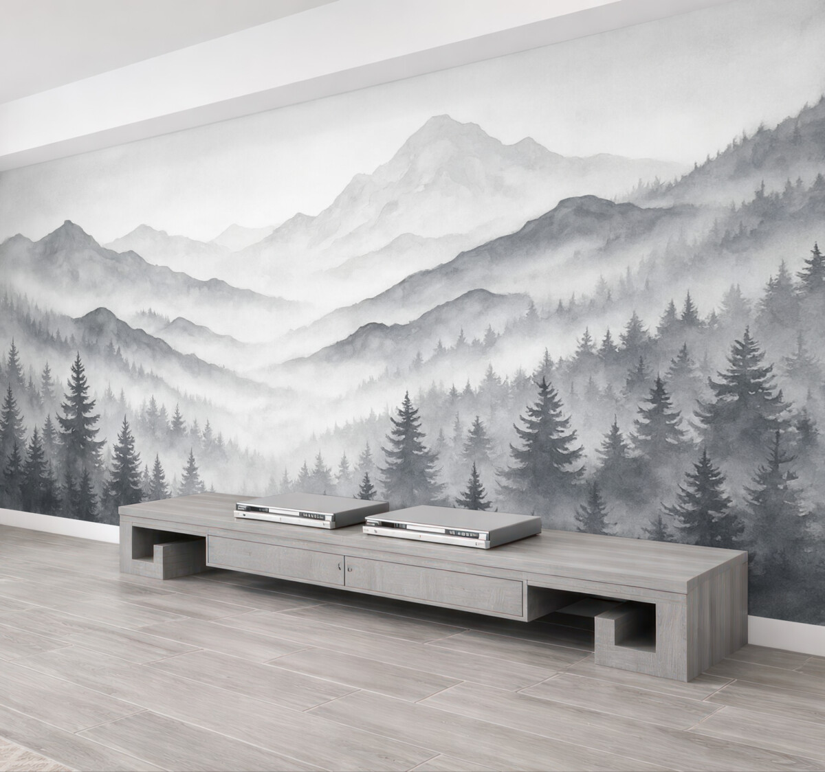 Fototapeta Cichy górski pejzaż z zamglonymi lasami w subtelnych tonach szarości i błękitu.