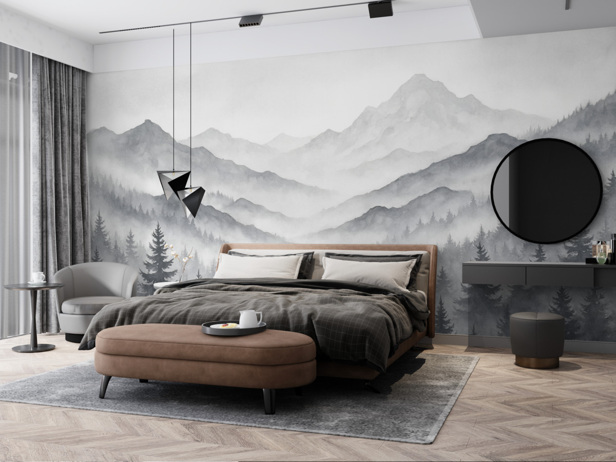 Fototapeta Cichy górski pejzaż z zamglonymi lasami w subtelnych tonach szarości i błękitu.