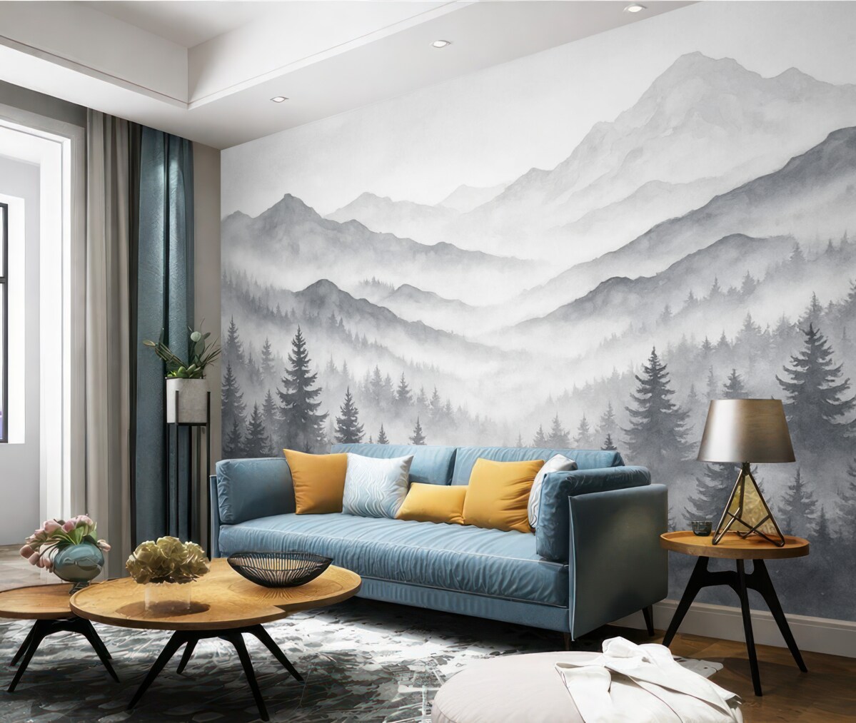 Fototapeta Cichy górski pejzaż z zamglonymi lasami w subtelnych tonach szarości i błękitu.
