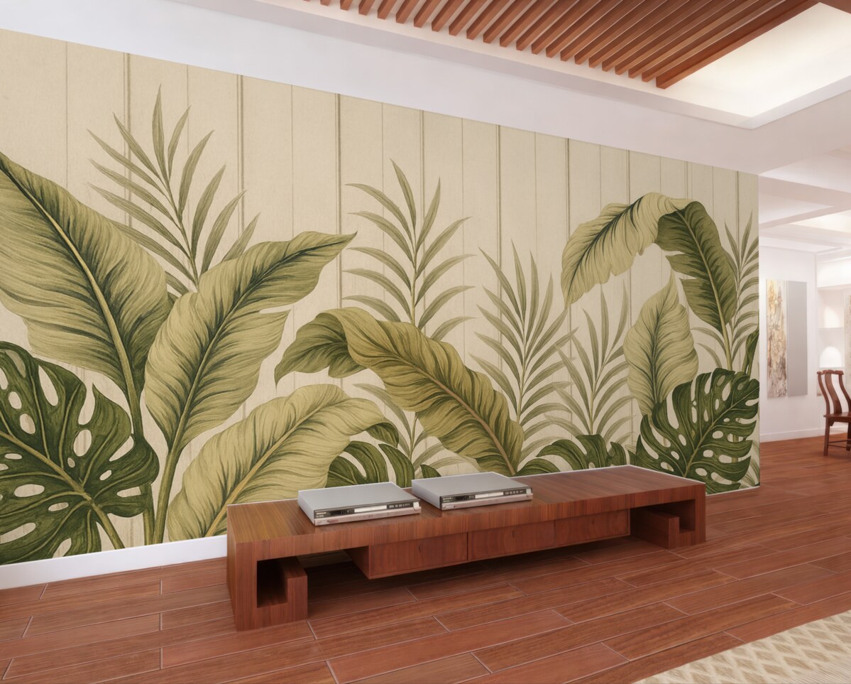 Fototapeta Tropikalny motyw liści w subtelnych tonacjach zieleni i beżu na jasnym tle z pionowymi pasami.