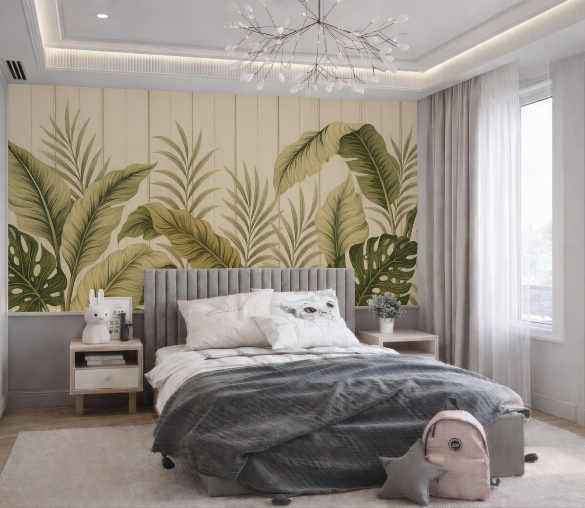 Fototapeta Tropikalny motyw liści w subtelnych tonacjach zieleni i beżu na jasnym tle z pionowymi pasami.