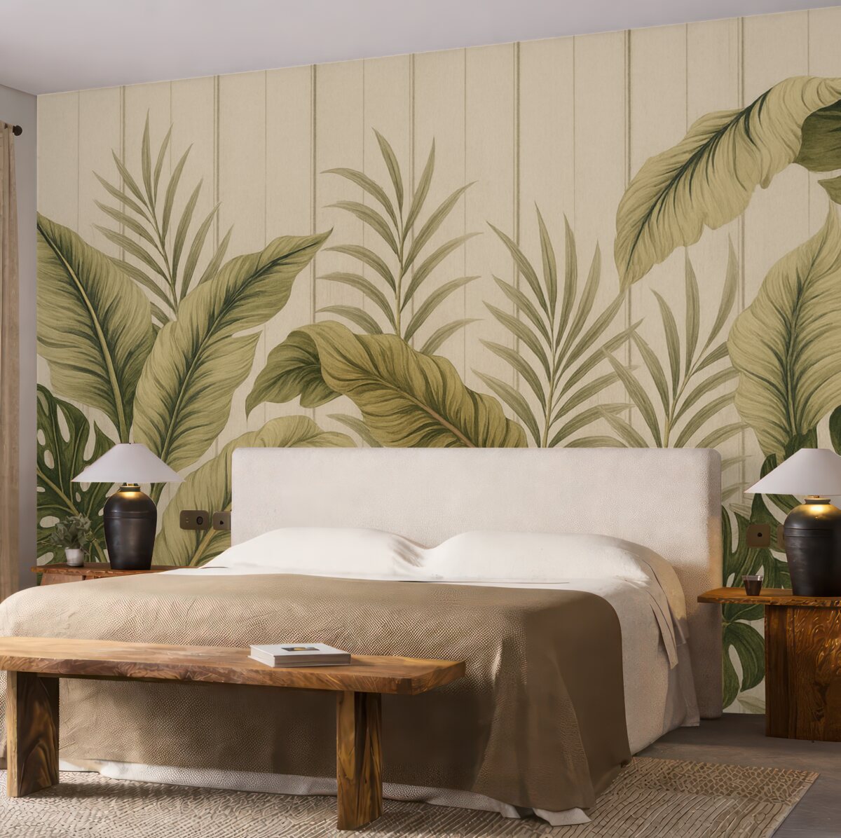 Fototapeta Tropikalny motyw liści w subtelnych tonacjach zieleni i beżu na jasnym tle z pionowymi pasami.