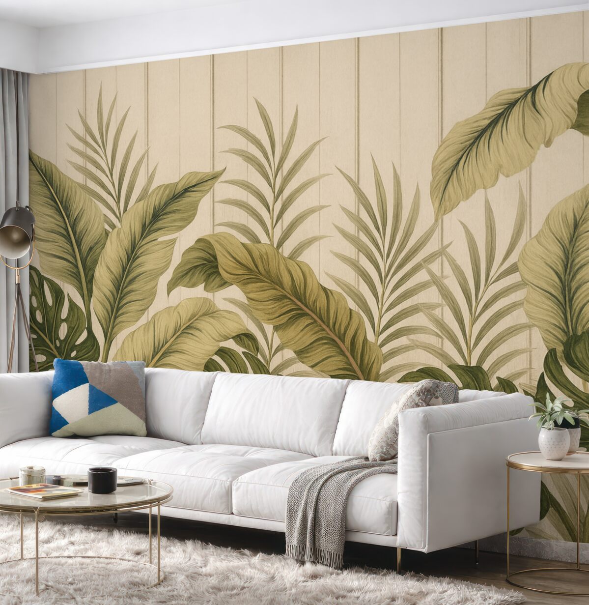 Fototapeta Tropikalny motyw liści w subtelnych tonacjach zieleni i beżu na jasnym tle z pionowymi pasami.