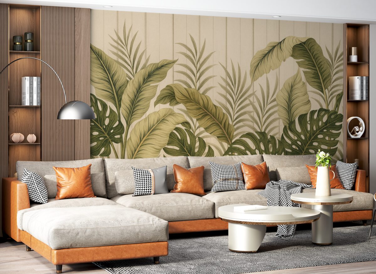 Fototapeta Tropikalny motyw liści w subtelnych tonacjach zieleni i beżu na jasnym tle z pionowymi pasami.