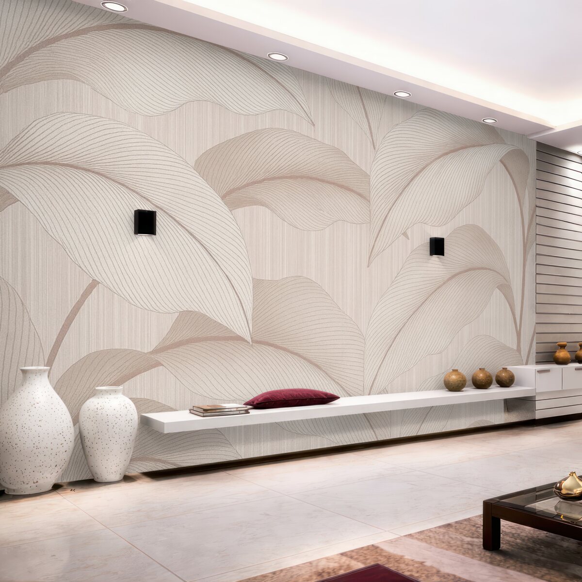 Fototapeta Delikatny wzór z dużymi liśćmi w łagodnych pastelowych odcieniach na jasnym tle z subtelnymi detalami faktury.