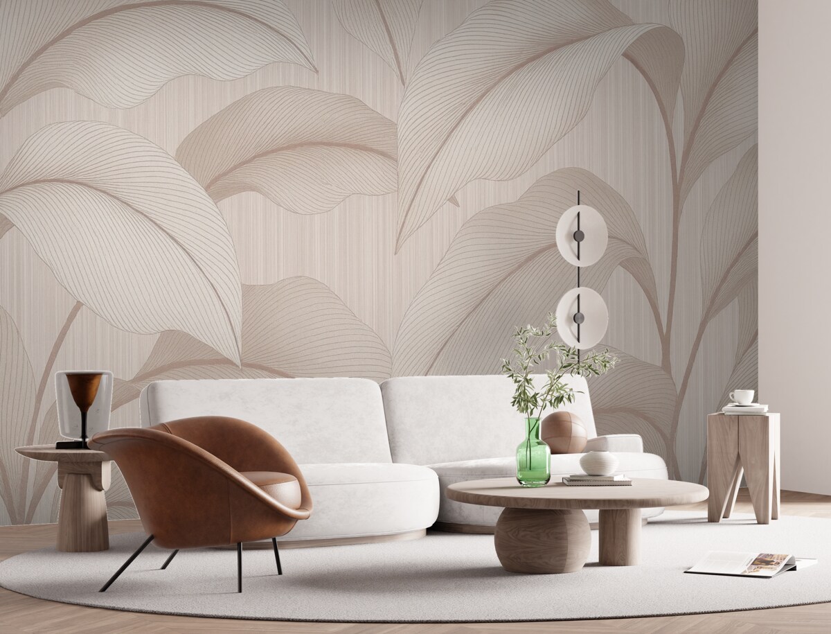 Fototapeta Delikatny wzór z dużymi liśćmi w łagodnych pastelowych odcieniach na jasnym tle z subtelnymi detalami faktury.