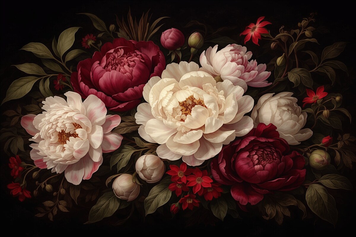 Fototapeta Ekskluzywny bukiet piwonii i kwiatów w intensywnych tonacjach czerwieni, różu i beżu na ciemnym tle.