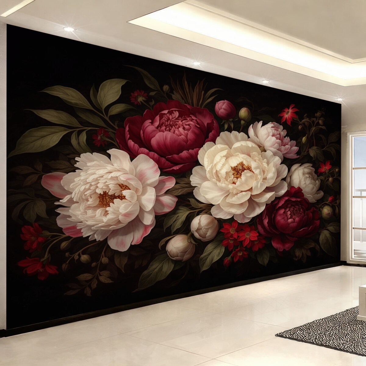 Fototapeta Ekskluzywny bukiet piwonii i kwiatów w intensywnych tonacjach czerwieni, różu i beżu na ciemnym tle.