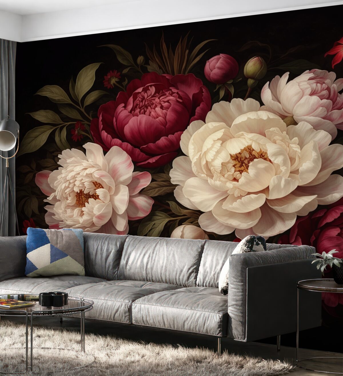 Fototapeta Ekskluzywny bukiet piwonii i kwiatów w intensywnych tonacjach czerwieni, różu i beżu na ciemnym tle.