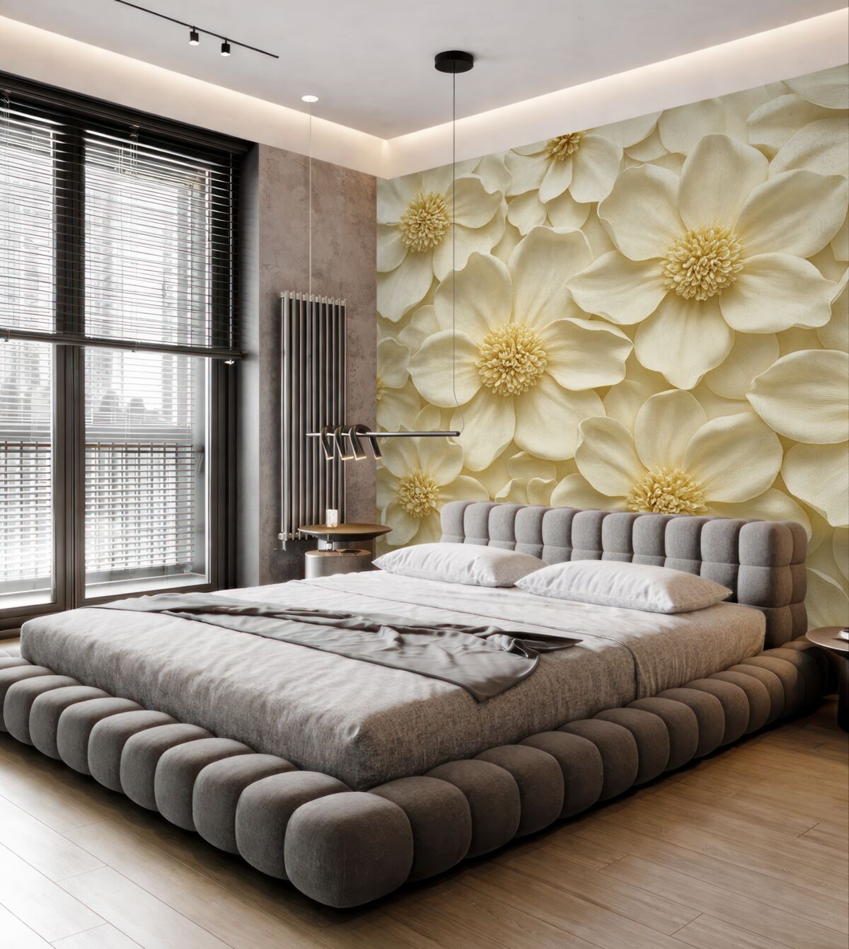 Fototapeta Beżowa aranżacja kwiatu 3D z żółtymi detalami.