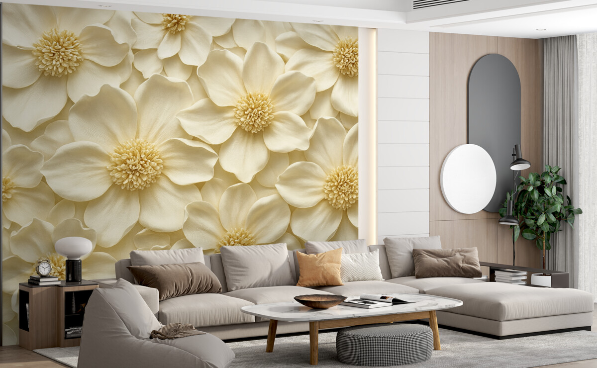 Fototapeta Beżowa aranżacja kwiatu 3D z żółtymi detalami.