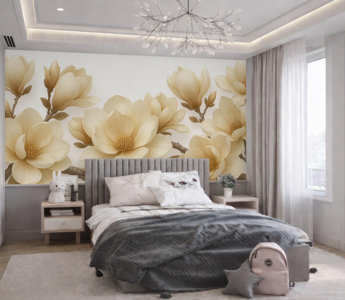 Fototapeta Beżowe kwitnące rośliny magnolii w kremowym kolorze na jasnym tle.