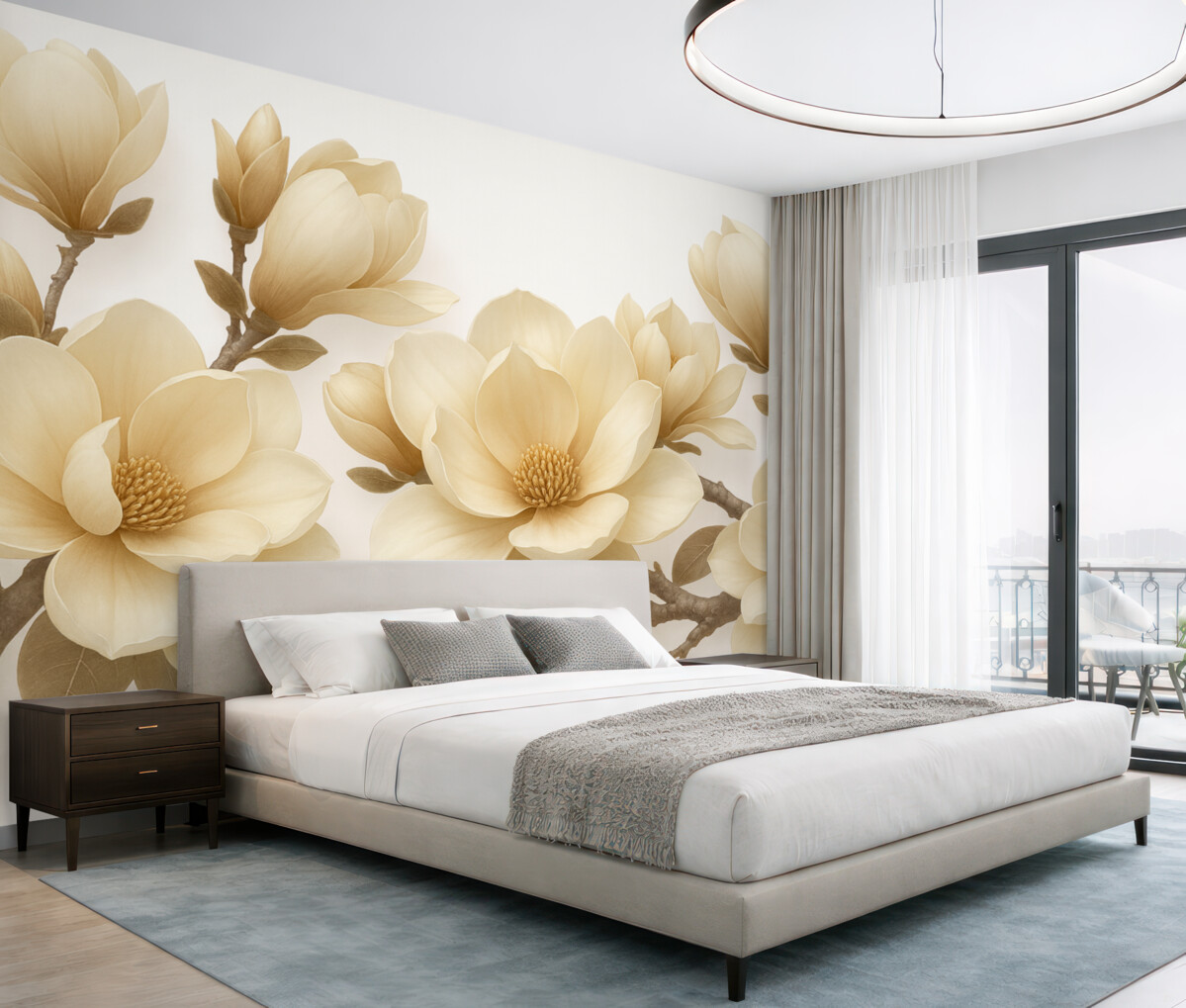 Fototapeta Beżowe kwitnące rośliny magnolii w kremowym kolorze na jasnym tle.