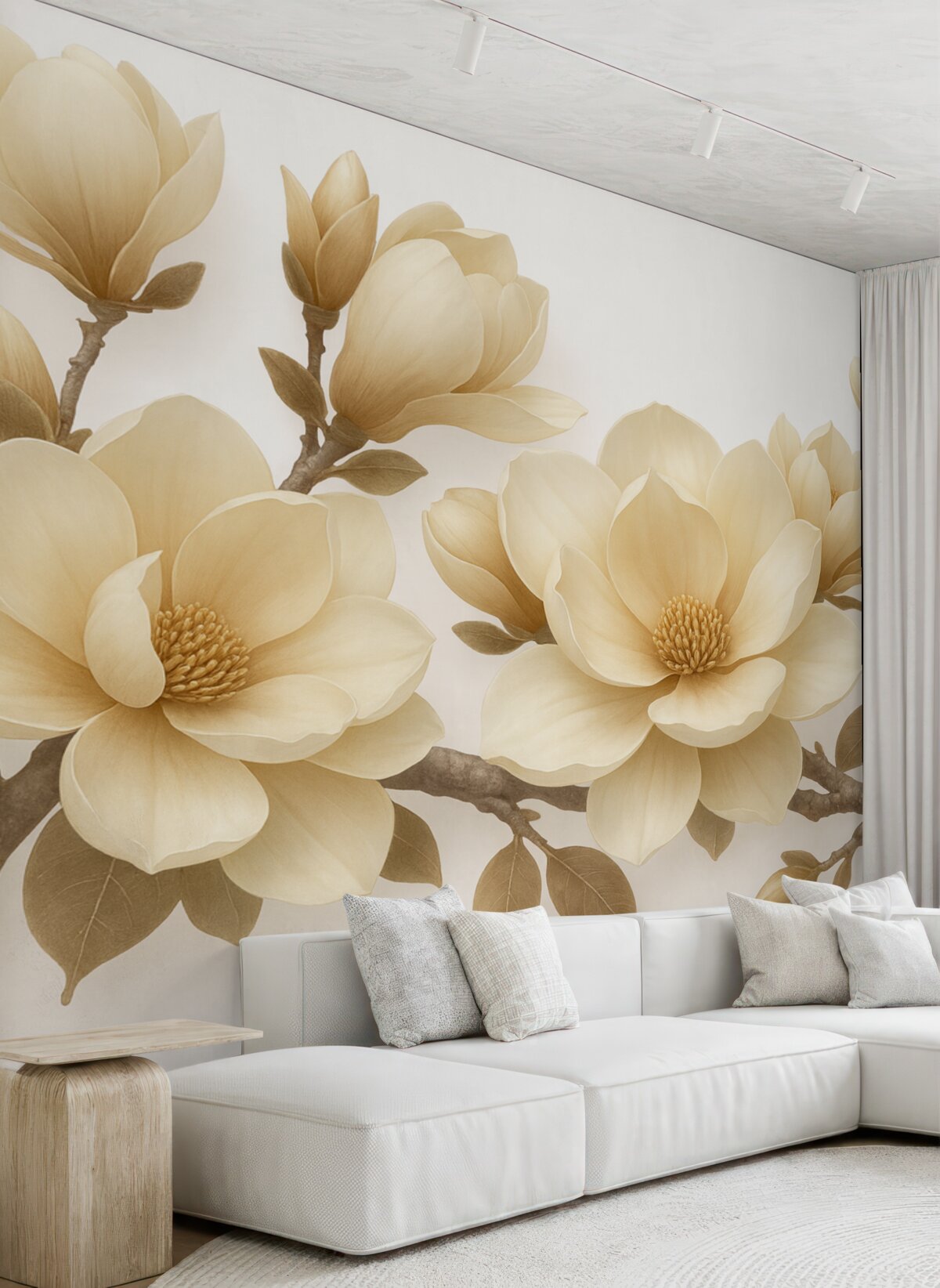 Fototapeta Beżowe kwitnące rośliny magnolii w kremowym kolorze na jasnym tle.