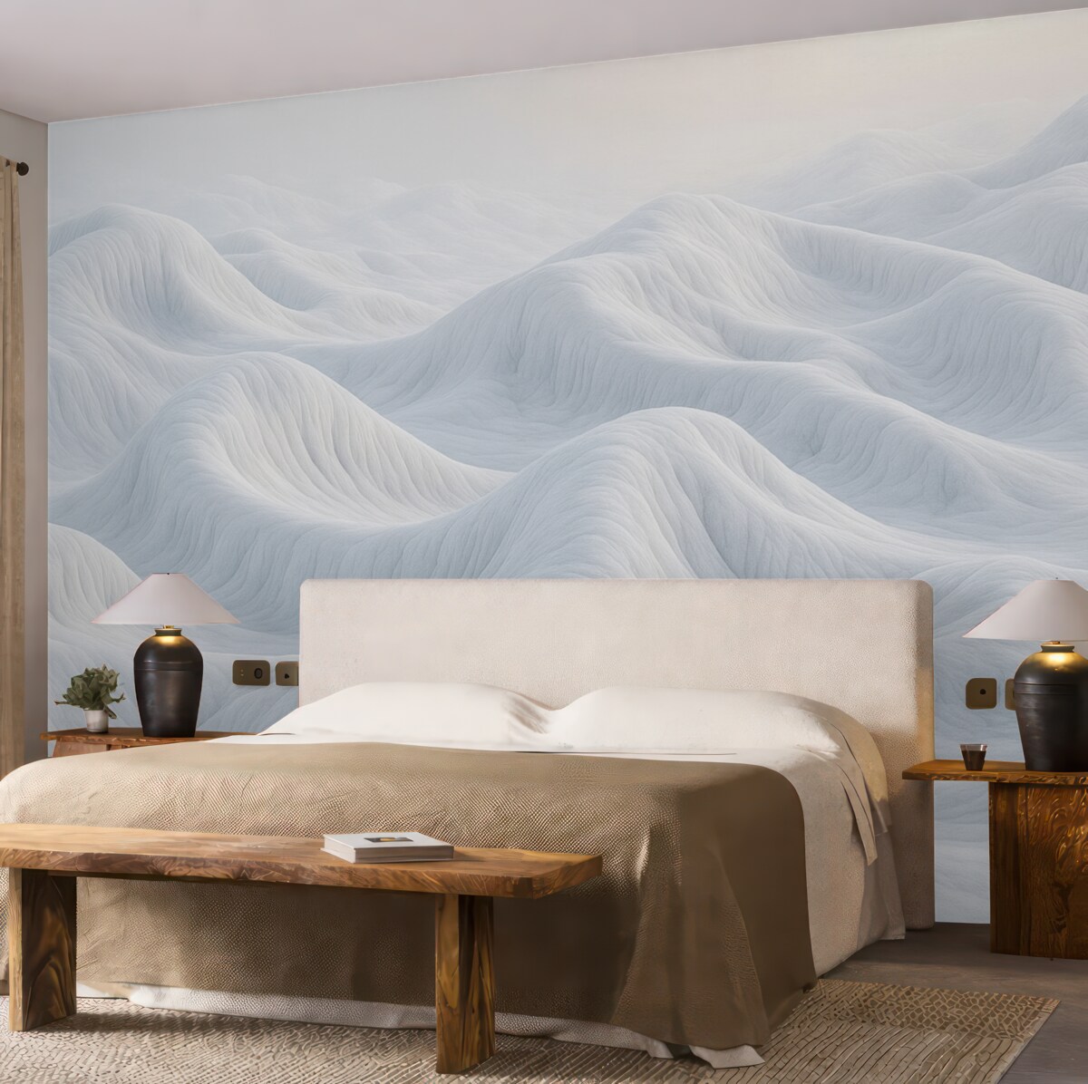 Fototapeta Niebieski pejzaż z falistymi wzgórzami i piaskowymi wydmami.