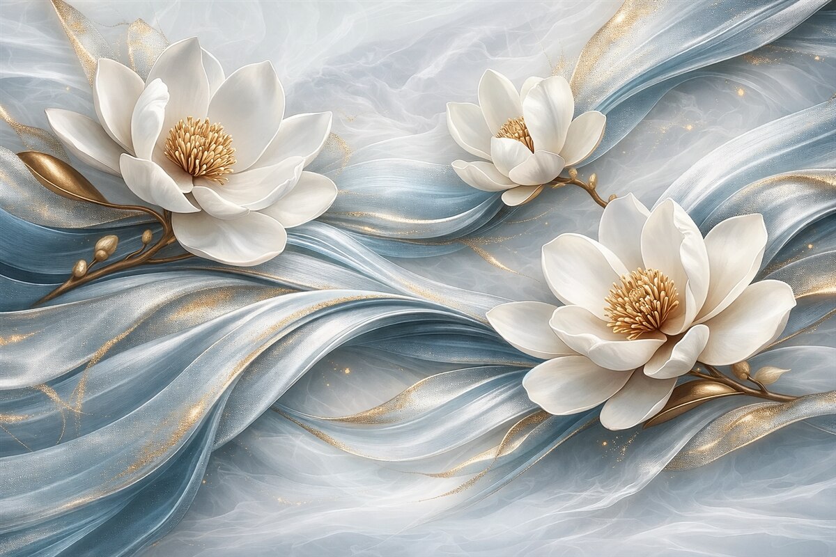 Fototapeta Kwiaty magnolii w zestawieniu z niebieskimi, białymi oraz żółtymi tonami z abstrakcyjnymi falami.