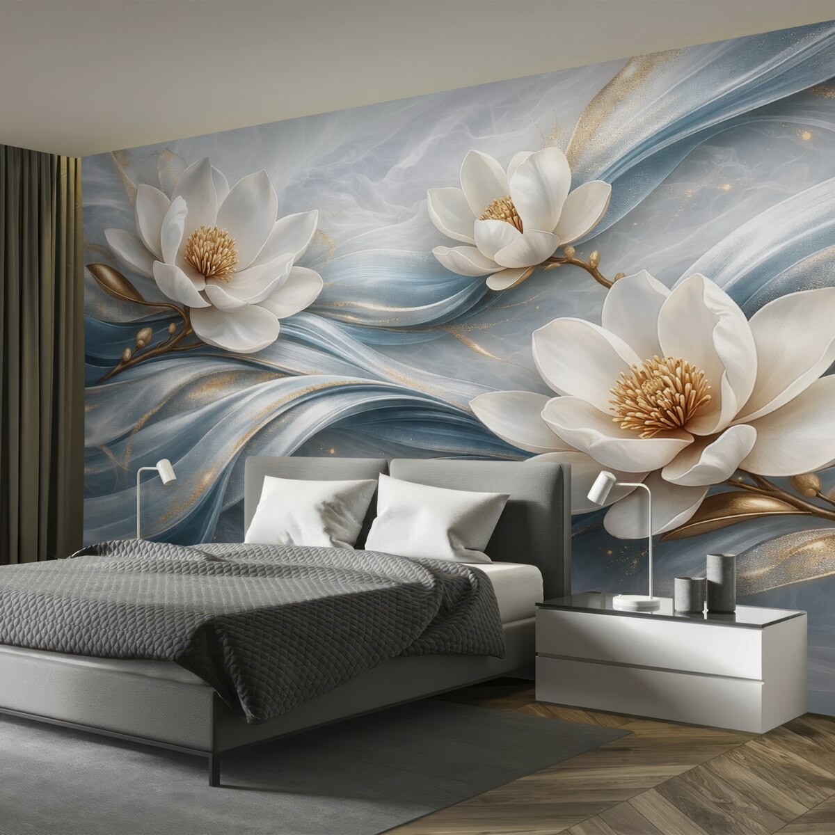 Fototapeta Kwiaty magnolii w zestawieniu z niebieskimi, białymi oraz żółtymi tonami z abstrakcyjnymi falami.