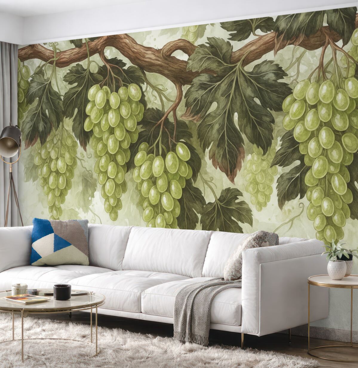 Fototapeta Winogrona zawieszone na winorośli z zielonymi liśćmi, na jasnym tle o fakturze przypominającej akwarelę.