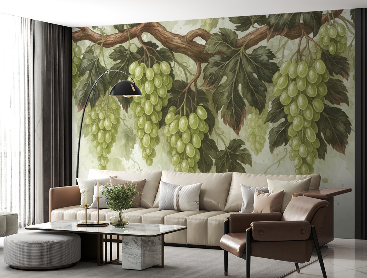 Fototapeta Winogrona zawieszone na winorośli z zielonymi liśćmi, na jasnym tle o fakturze przypominającej akwarelę.