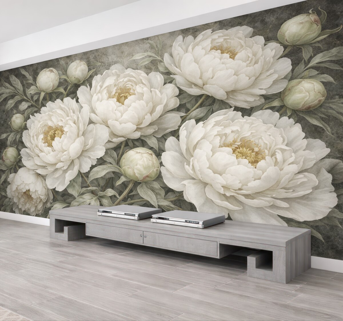 Fototapeta Teksturowane pastelowe białe piwonie z łagodnymi zielonymi pąkami oraz liśćmi o subtelnych płatkach.