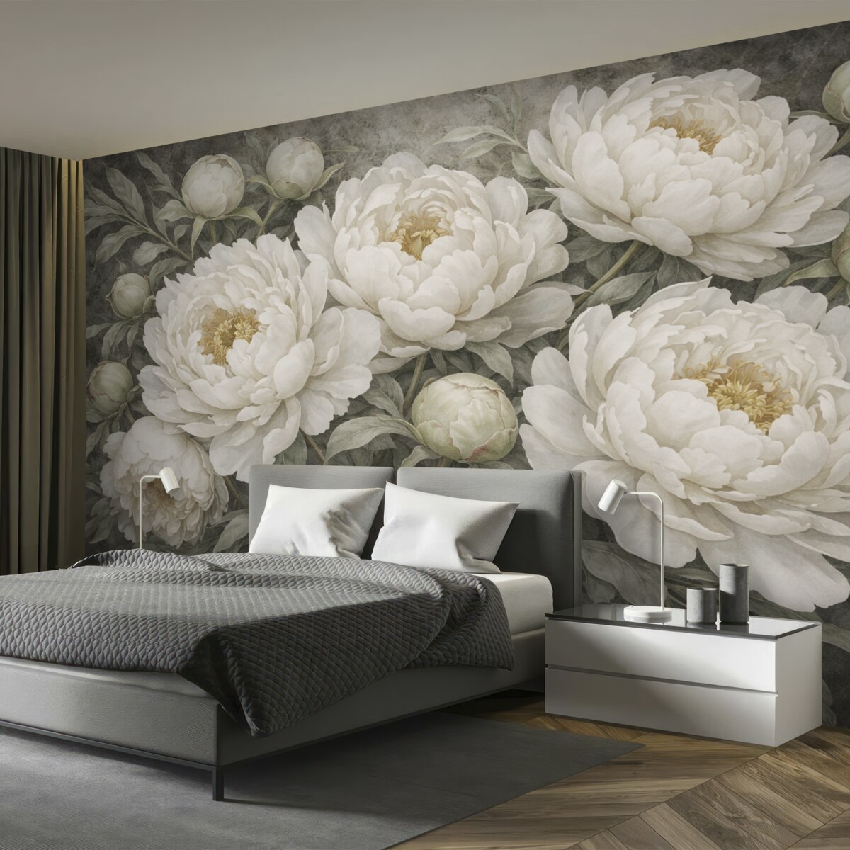 Fototapeta Teksturowane pastelowe białe piwonie z łagodnymi zielonymi pąkami oraz liśćmi o subtelnych płatkach.