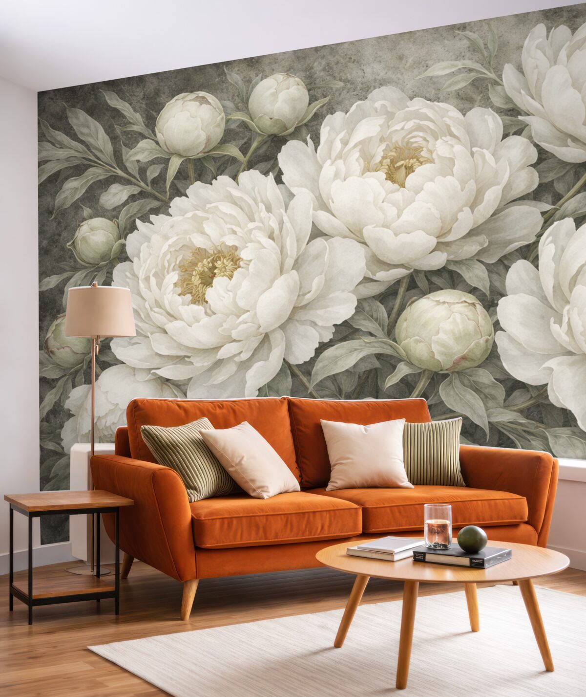 Fototapeta Teksturowane pastelowe białe piwonie z łagodnymi zielonymi pąkami oraz liśćmi o subtelnych płatkach.