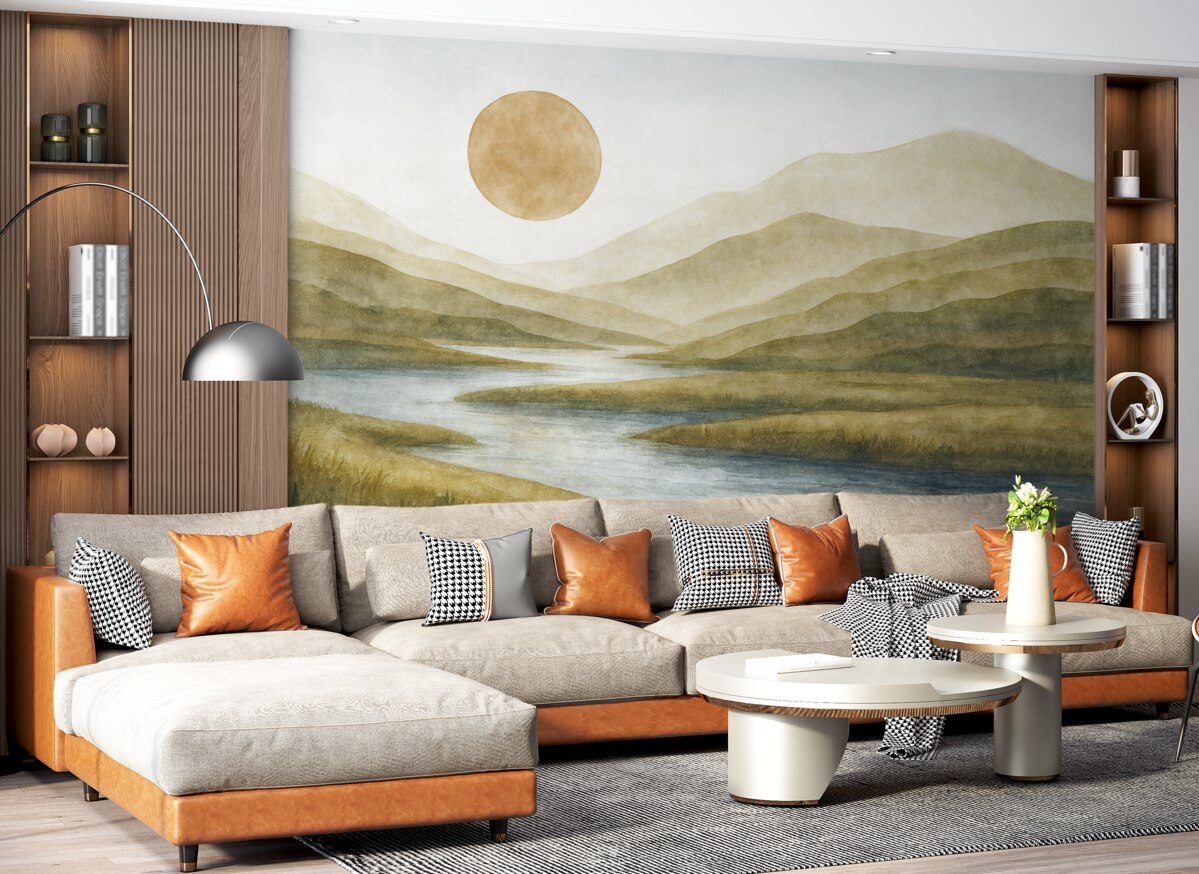 Fototapeta Widok na warstwowe góry o łagodnych zboczach, wijąca się rzeka oraz delikatne pomarańczowe słońce na firmamencie.