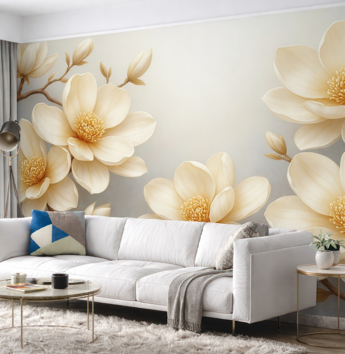 Fototapeta Cudowne, kwitnące kremowe magnolie na jasnym tle.