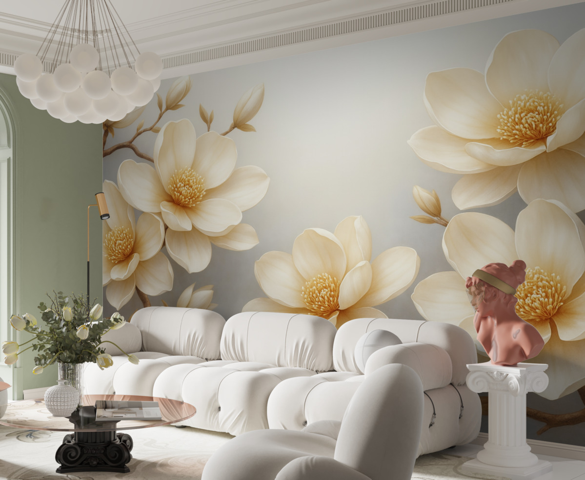 Fototapeta Cudowne, kwitnące kremowe magnolie na jasnym tle.