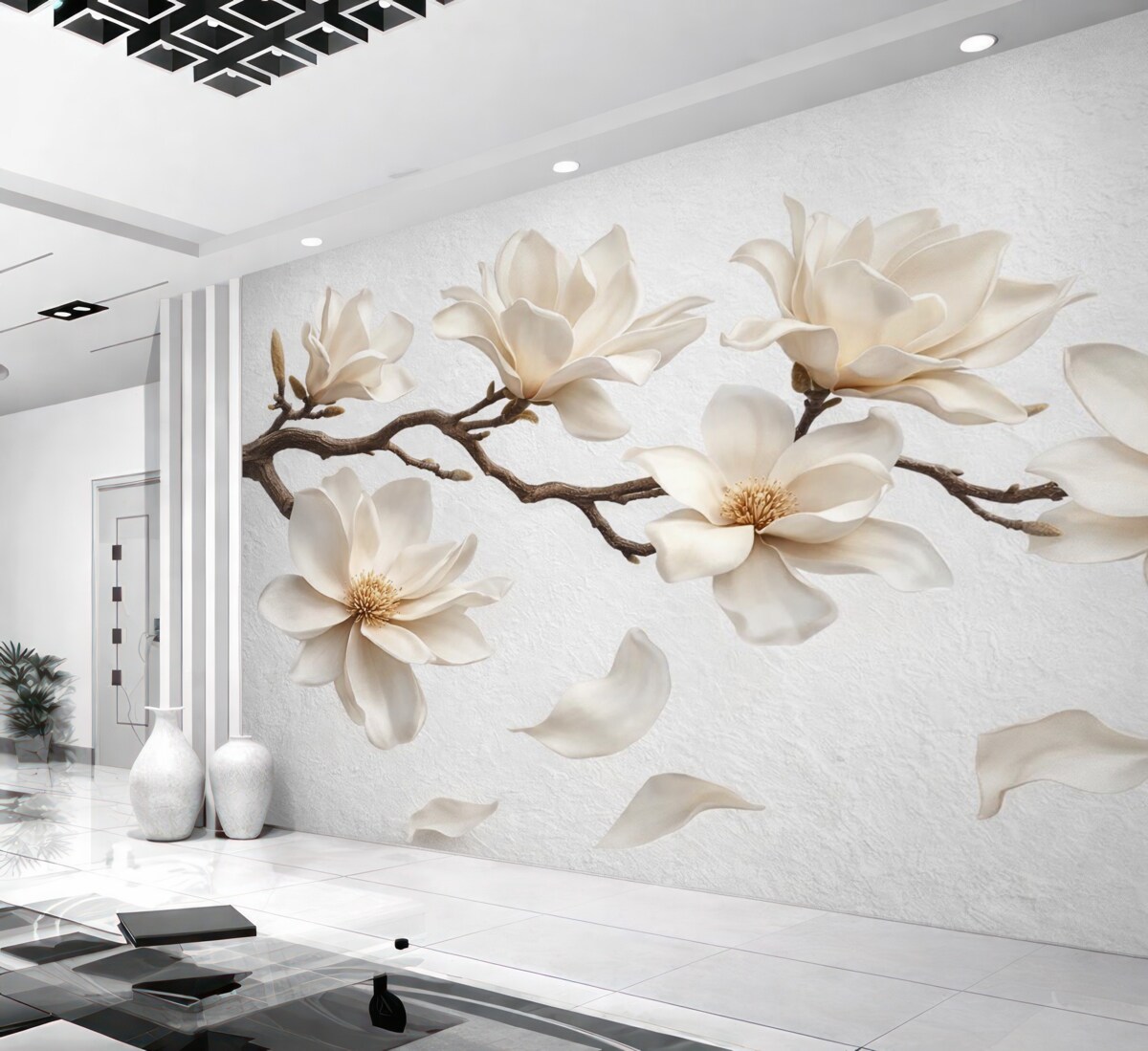 Fototapeta Gałązka drzewa z subtelnymi kwiatami magnolii i opadającymi płatkami.