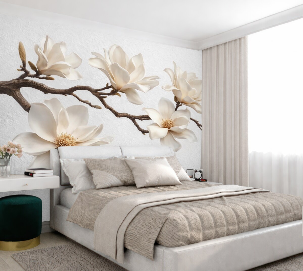 Fototapeta Gałązka drzewa z subtelnymi kwiatami magnolii i opadającymi płatkami.