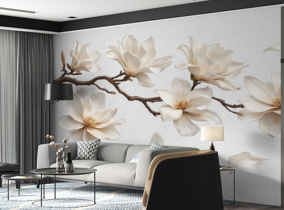 Fototapeta Gałązka drzewa z subtelnymi kwiatami magnolii i opadającymi płatkami.