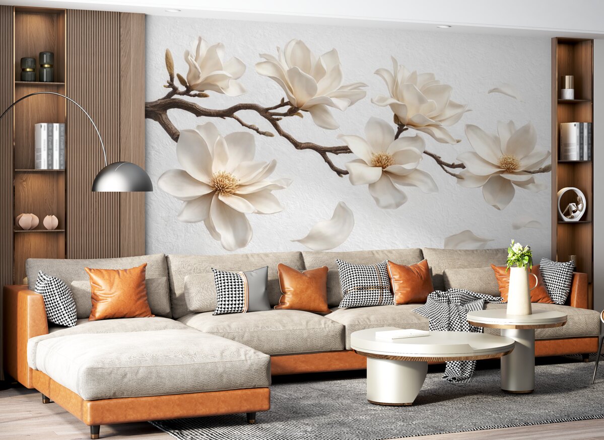 Fototapeta Gałązka drzewa z subtelnymi kwiatami magnolii i opadającymi płatkami.