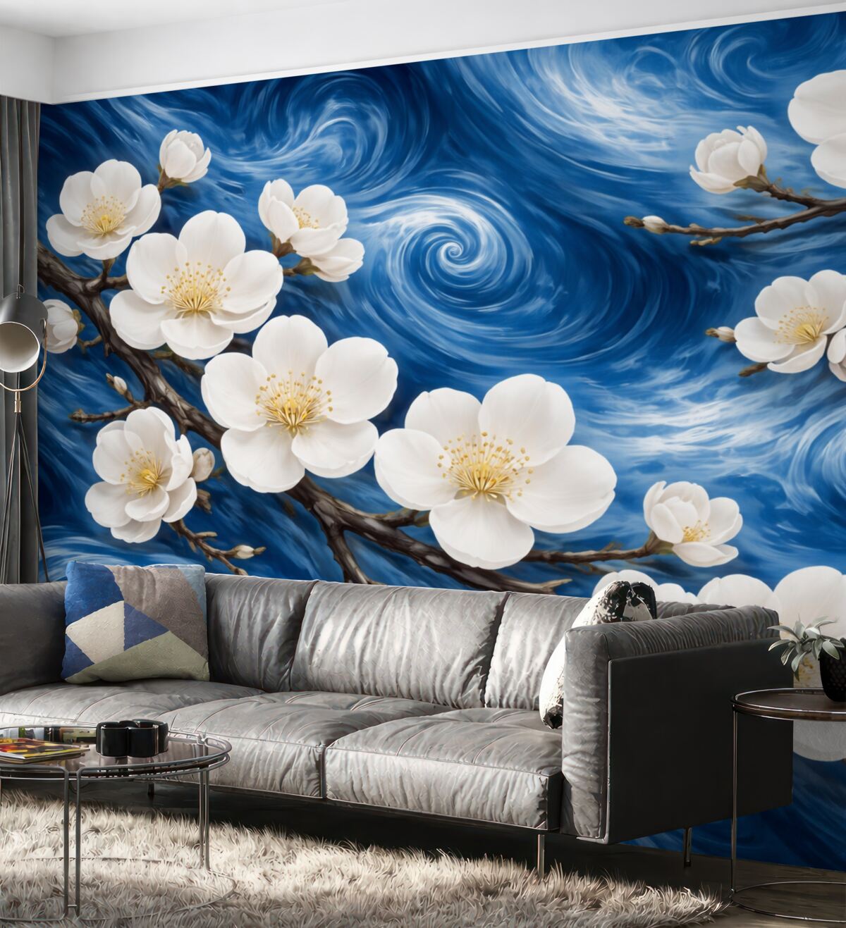 Fototapeta Kwitnące drzewo migdałowe w stylu Van Gogha, jasne kwiaty na tle pochmurnego błękitnego nieba.