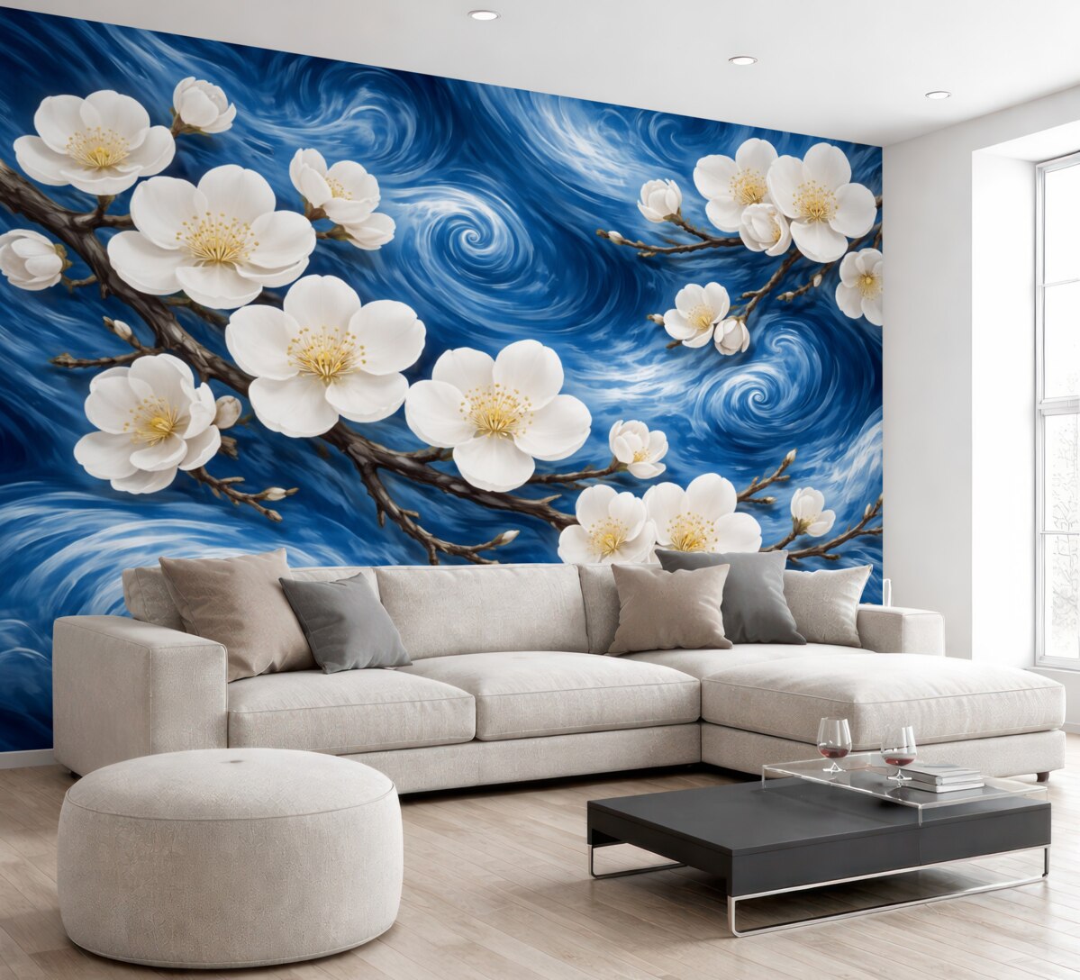 Fototapeta Kwitnące drzewo migdałowe w stylu Van Gogha, jasne kwiaty na tle pochmurnego błękitnego nieba.