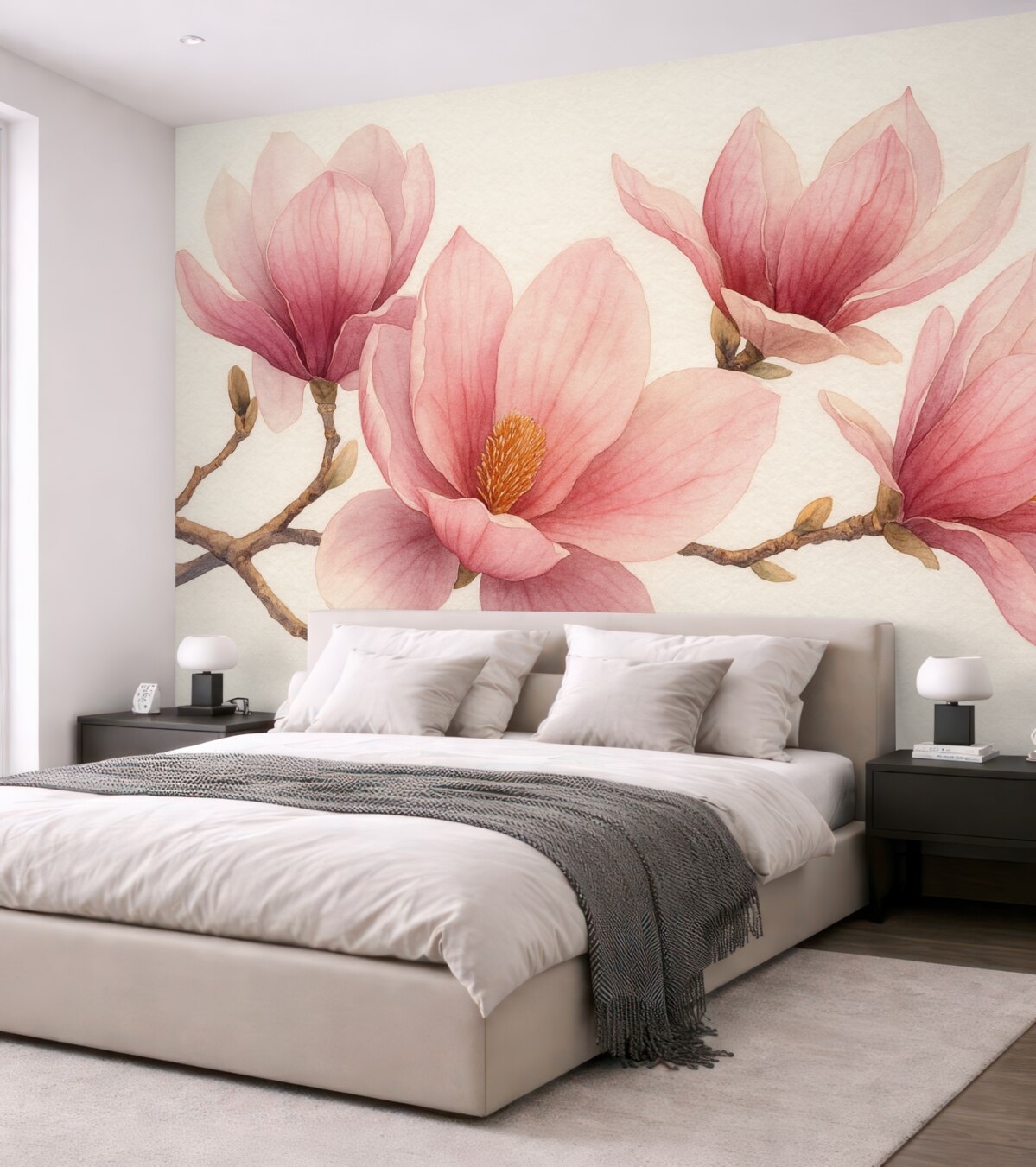 Fototapeta Różowe wiosenne kwiaty magnolii w akwarelowym stylu na jasnoszarym tle.