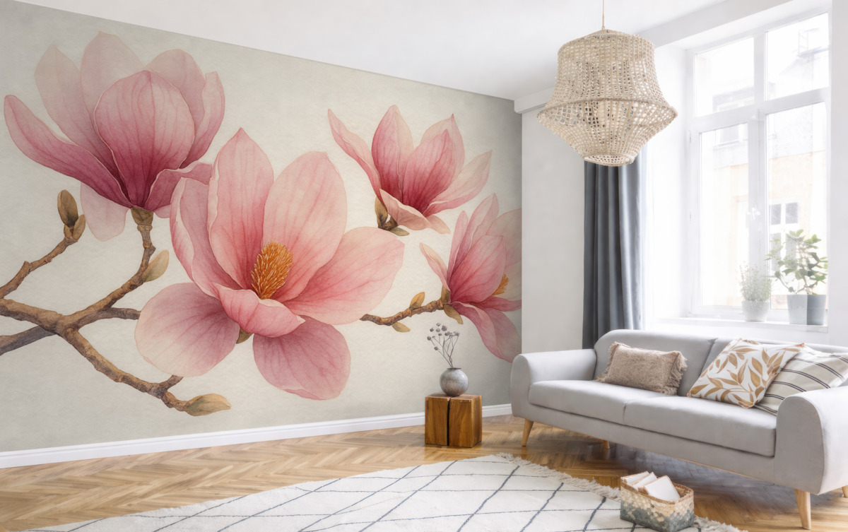 Fototapeta Różowe wiosenne kwiaty magnolii w akwarelowym stylu na jasnoszarym tle.